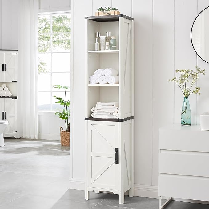 Bathroom Storage Cabinet, 5-Shelf Farmhouse Storage Cabinet with Barn Door&Adjustable Shelves, Bathroom Organizer for Living Room, Kitchen (Antique White)