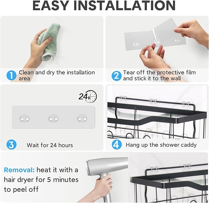 Shower Caddy Adhesive Replacement, Double Hooks No Drilling, Transparent Strong Adhesive Waterproof for Shower Caddy, Bathroom Storage Shelves, Kitchen Racks (Double Hooks * 8pcs)