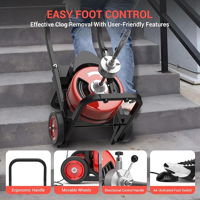 75 ft 1/2 in Cable Drain Cleaning Machine, 450W Auto Feed Portable Electric Sewer Snake, Electric Drain Auger with 6 Cutter Air-Activated Foot Switch for 2 in to 4 in Pipes