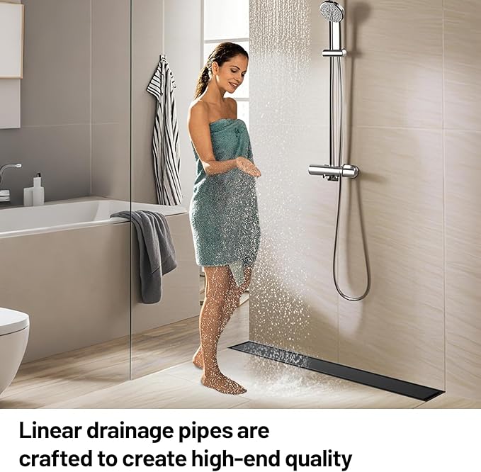 Linear Shower Drain, 304 Stainless Steel with Adjustable Leveling Feet, Hair Strainer,Reversely Install Place to Create an Invisible Floor Drain - Black -24-Inch