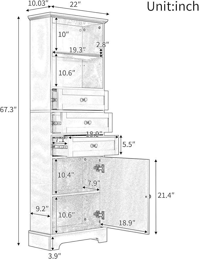 Favfurish 67" Tall Bathroom Storage Cabinet with Door and 3 Drawers,Modern Linen Cabinets w/Adjustable Shelf & 2-Tier Open Shelves,Freestanding Organizer for Bath Room,Study,Office,White