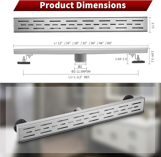 Sharp-tec Linear Shower Drain, 28 inch Shower Drain with Removable Pattern Cover, Brushed Nickel 304 Stainless Steel Rectangle Floor Drain, Adjustable Feet and Hair Strainer Included (Model 101)