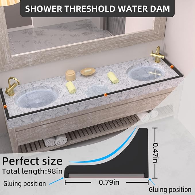 98Inch Collapsible Shower Threshold Water Dam Barrier, Self Adhesive Silicone Waterproof Shower Barrier Water Strip Dam for The Gap Between the Shower Kitchen Countertop Sink and Cooktop