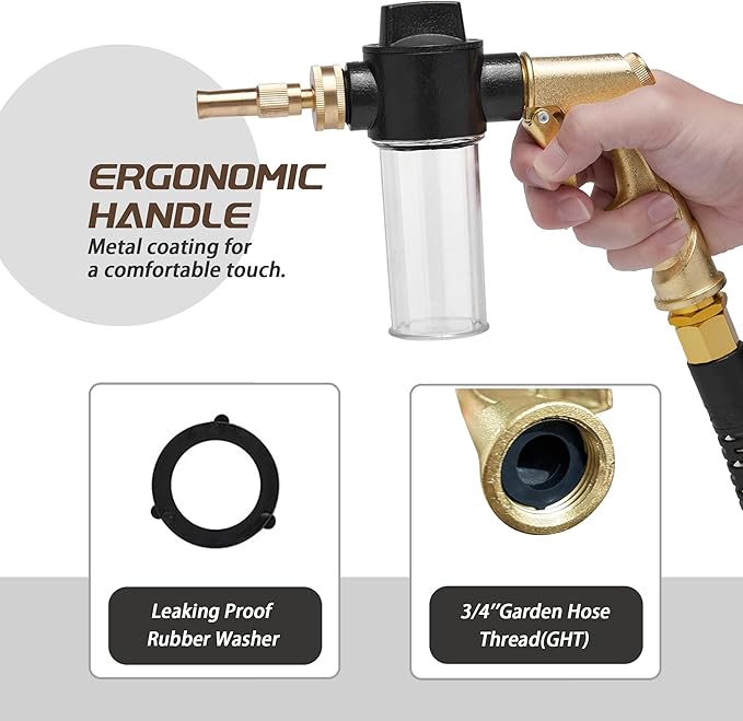 Garden Hose Nozzle Sprayer with 3.5oz Plastic Soap Dispenser Bottle, Heavy Duty High Pressure Car Wash Foam Gun, Adjustable Nozzle for Gardening, Solar Panel Cleaning, Pet Showering (Brass)