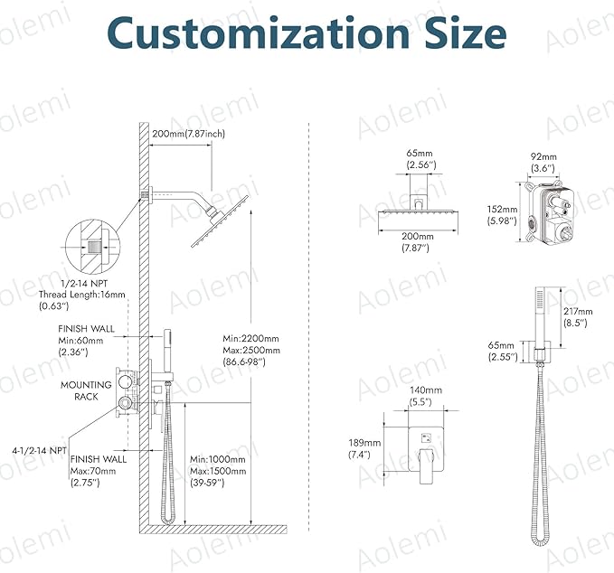 Aolemi Shower Faucet Set, High Pressure Shower System with 2-in-1 Handheld Sprayer, Wall Mount Fixture Combo with Rough-in Valve, 8 Inch Shower Head, Brushed Gold