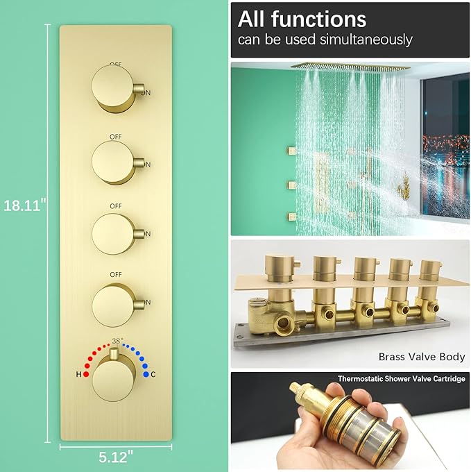 HOMEDEC 4 Way Shower Valve Rough-In and Trim Kit, 5 Handle Control Thermostatic Shower Mixing Valve with Diverter can Work at the Same Time, Brushed Gold