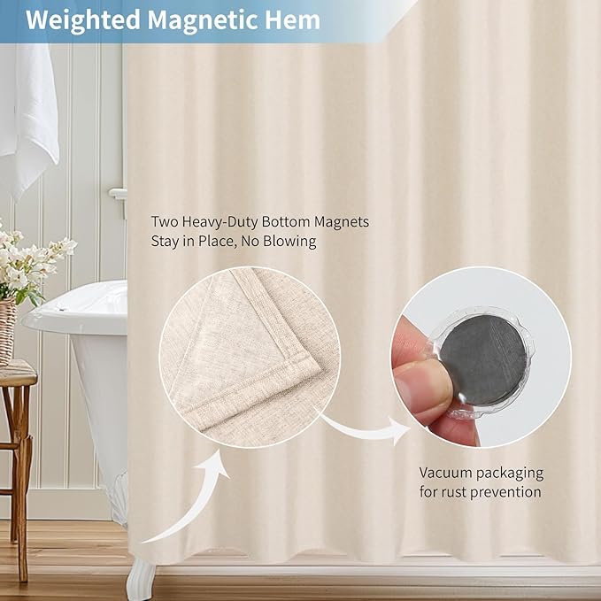 2-in-1 Waterproof Long Fabric Shower Curtain or Liner,Linen Textured,78 Inch Breathable TPU & Washable Bathroom Shower Curtain Set with 12 Plastic Hooks,Modern,72"x78" Cream