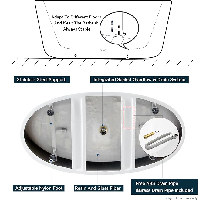 FerdY Tahiti 55" Acrylic Freestanding Bathtub, Elegant Oval Shape Soaking Bathtub, Glossy White, White Drain & Integrated Slotted Overflow Assembly Included cUPC Certified