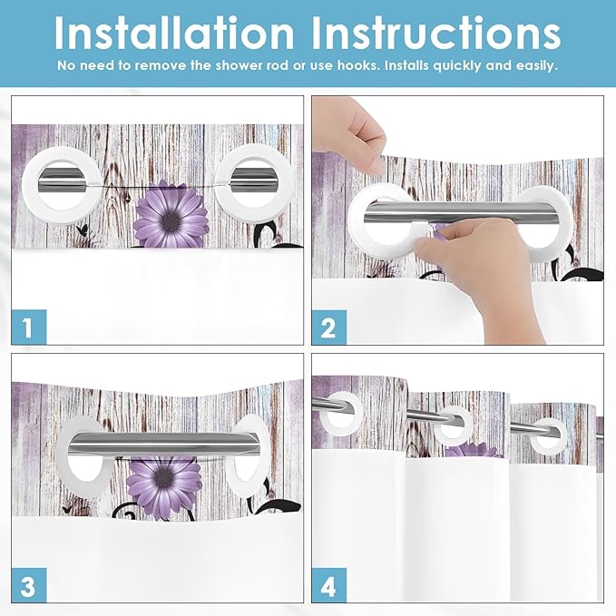 No Hook Purple Flower Shower Curtain with Snap in Fabric Liner Set, Rustic Farmhouse Daisy Double Layers Waterproof Fabric with See Through Top Window Open Grommet Bath Curtain 54x80 Inch