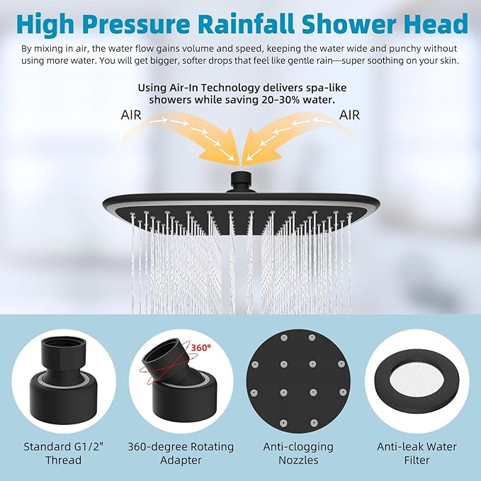 Rain Shower Head with 12" Shower Head Extension Arm, 10" High Pressure Boosting Rainfall/Fixed Showerhead 2.5 GPM, Metal Shower Arm Extender Adjustable Height Angle, Easy Installation, Matte Black