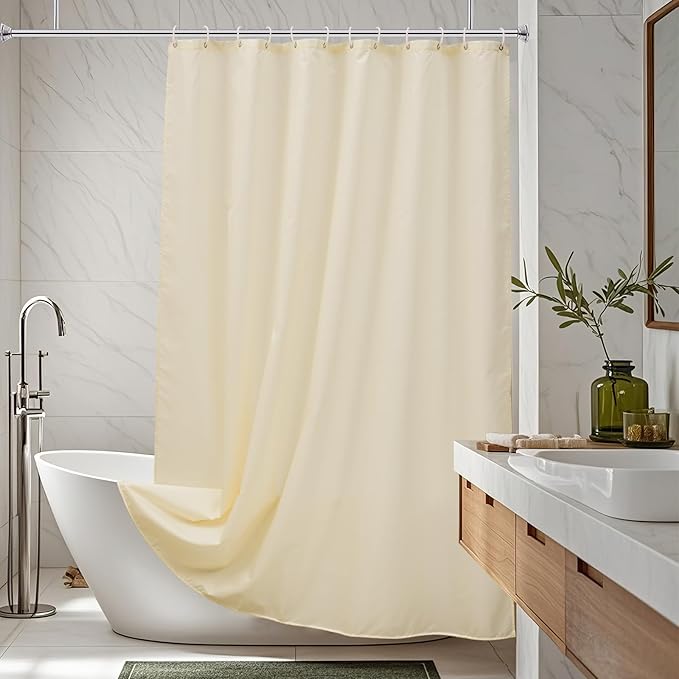 AooHome Extra Long Fabric Shower Curtain, Polyester Solid Shower Curtain Liner for Hotel with Hooks, Weigthed Bottom, Water Repellent, Beige, 72x78 Inch