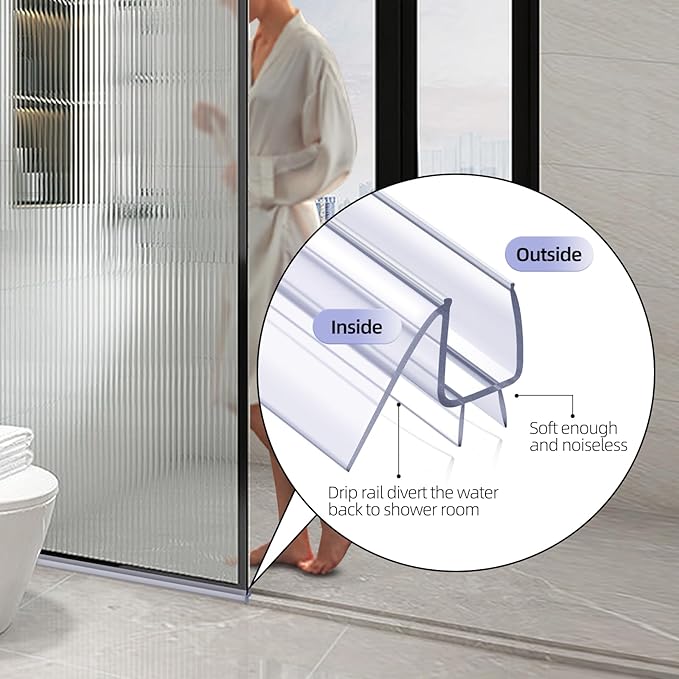 POZIA Shower Door Bottom Seal Frameless Glass Shower Door Seal Strip Clear Vinyl Durable Stop Shower Leaks and Create a Water Barrier Ultra Clear (2PACK-1/4in)
