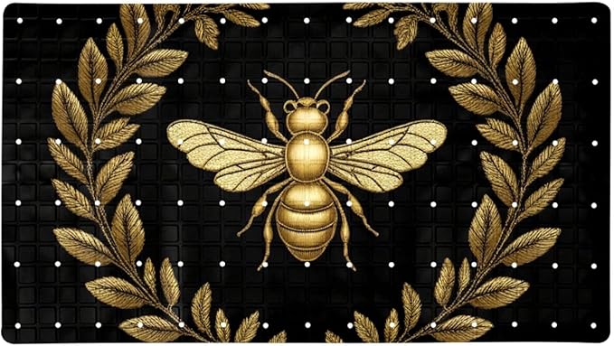 Bath Tub and Shower Mats, Non Slip Bathmat with Drain Holes and Suction Cups for Bathroom Floor, 15.1 x 26.8 Inch (Embroidery Art Golden Bee with Wreath)