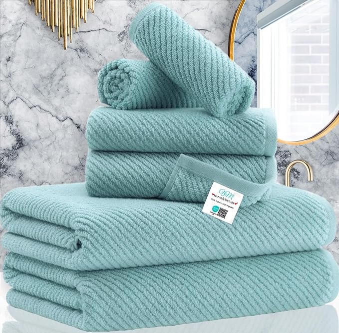 Towels for Bathroom - 100% Cotton | Lightweight | Thick | Soft, Quick Dry Towels, Bath Towel Set of 6 Large, 2 Bath 30"x56", 2 Hand 18"x28", 2 Washcloths 13"x13", Luxury Shower Towel Set, Aqua Teal