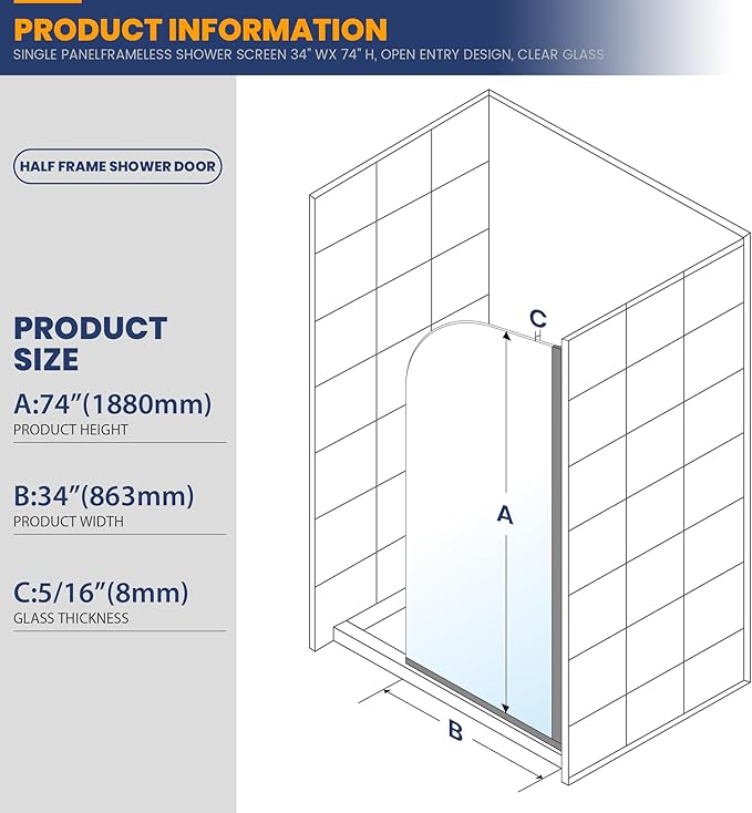 Glass Shower Panel, 34" W x 74" H Semi-Framed Fixed Shower Glass Panel in Brushed Gold with 5/16"(8mm) Clear Tempered Glass Door, Simple Shower Door Panel for Bathroom