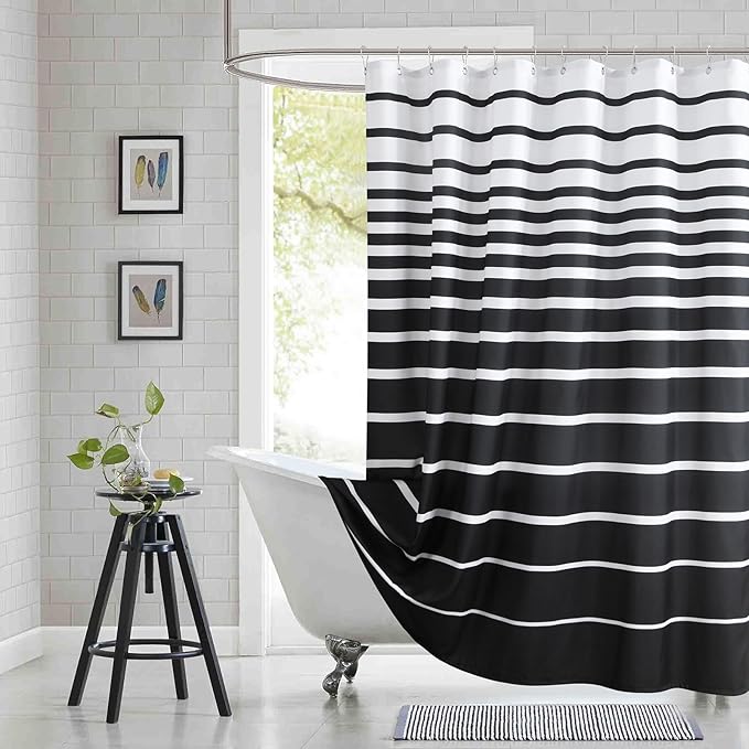Black Shower Curtain 78 Inches Long, Modern Black and White Stripe Waterproof Polyester Shower Curtains for Bathroom, 72x78 Inches