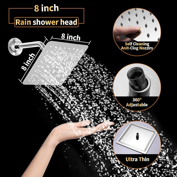 AYIVG Square 304 Stainless Steel 8 Inch Wall Mount Rain Shower head With Shower Arm And flange (Chrome)