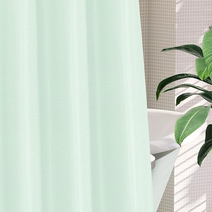 MitoVilla Green Waffle Small Stall Shower Curtain Liner Set 36 x 74, No Hooks Required Half Size Narrow Fabric Cloth Shower Curtain Set with Snap-in Liner for Modern Bathroom Decor, Mint Green