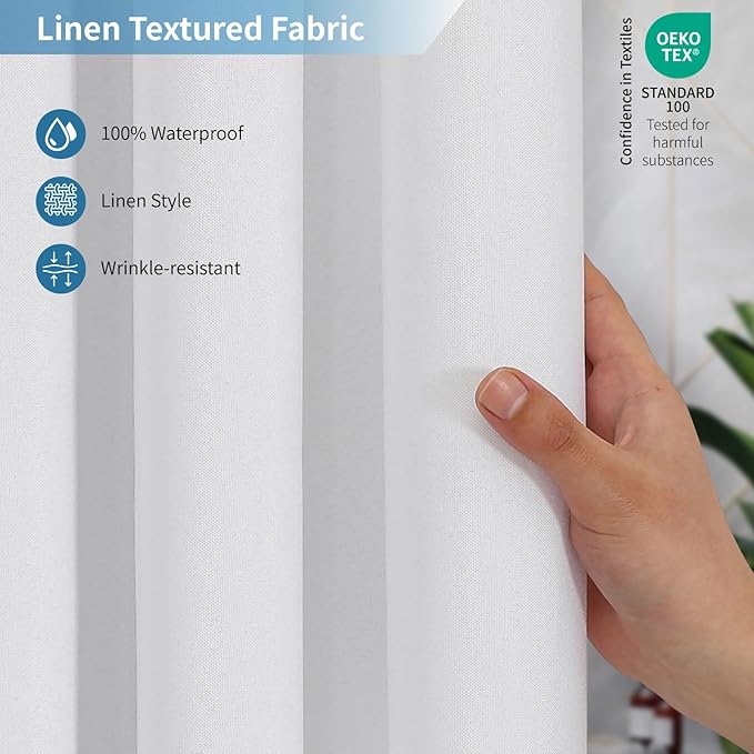 2-in-1 Waterproof Extra Long Fabric Shower Curtain or Liner,Linen Textured,96 Inch Breathable TPU & Washable Bathroom Shower Curtain Set with 12 Plastic Hooks,Modern,72"x96",White