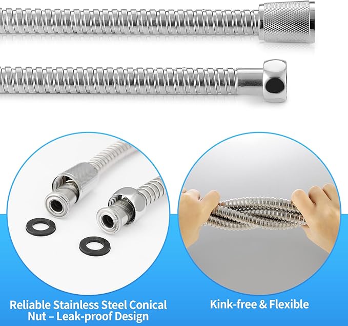 59" Metal Shower Hose Replacement Handheld Kink Free Stainless Steel Shower Head Wand Hose Extension Extra Long with Brass Insert and Nut, Durable & Flexible for Pet Bathing Cleaning