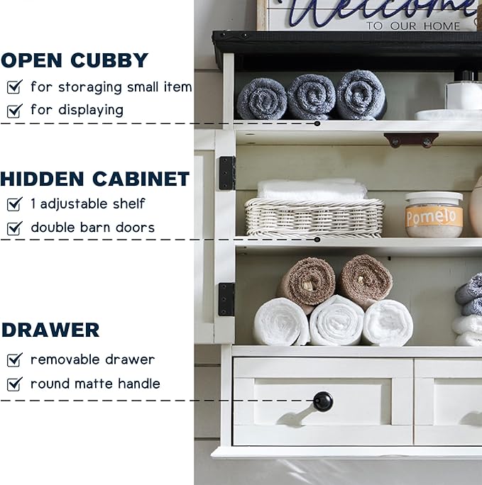 ACCOHOHO Bathroom Wall Cabinet, Farmhouse 24" Wide Medicine Cabinet with Drawer, Adjustable Shelf, Double Barn Doors, Storage Cabinets for Bathroom, Kitchen, Living Room, Off White
