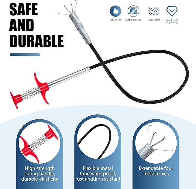 34'' Flexible Grabber Claw (4 Claws), Drain Snake with Tweezers, Bendable Hose Grabber Reacher Tool, Retractable Drain Clog Remover Tool, Pickup Tool for Bath Tub, Toilet, Kitchen Sink & Sewer