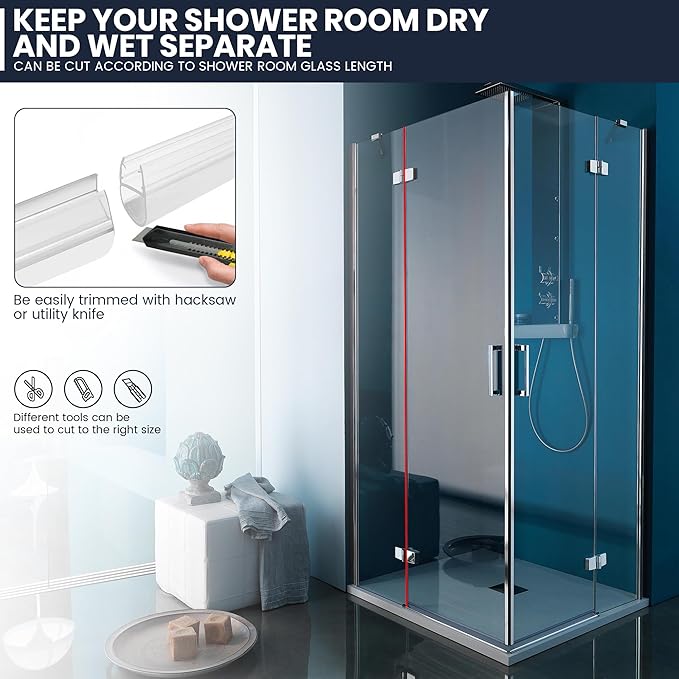 Shower Glass Door Side Seal, 2PCS 78 Inch Ultra Clear U-Shape PVC Seal Strip, for 1/2"(12mm) Thick Frameless Glass Door, to Stop Water Leakage