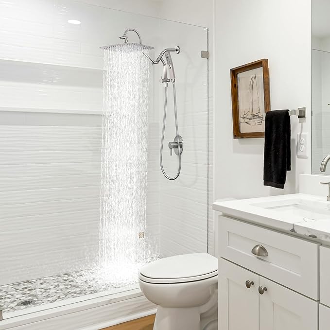 G-Promise All Metal 12 Inch Shower Head with Massage Mode Handheld, Rain Shower Head with Handheld Spray Combo, 3-Way Diverter with Pause Setting, 13 Inch Adjustable Extension Arm (Brushed Nickel)