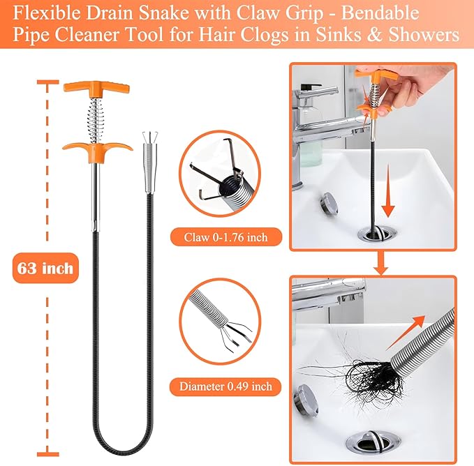 63 In Drain Snake Hair Drain Clog Remover Tool, Sink Drain Cleaner for Sewer Kitchen Bathroom Shower Tub Toilet Clogged Drains Opener Cleaning Tool, Flexible Grabber Claw Pick Up Reacher Tool