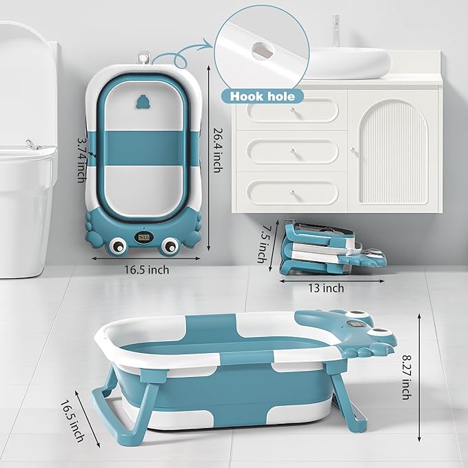 Collapsible Baby Bathtub for Newborns with Thermometer and Soft Floating Cushion Portable and Foldable Travel Baby Bath Tub for Infants to Toddler 0-36 Month (Blue)
