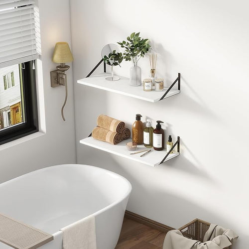12 Inch Deep Floating Shelves, 30W x 12D Wall Shelves with Brackets, White Floating Shelves 30 Inch Long, Rustic Wood Wall Shelf, Wide Storage Display Shelf for Kitchek, Living Room, Bathroom