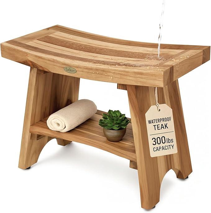 EcoDecors 24 Inch Serenity Teak Shower Bench – Waterproof Bathroom Seat with Large Storage Shelf For Adults & Seniors | Spa-Style Teak Wood Stool with Non-Slip Feet, Elegant Finish, 300 Pound Capacity