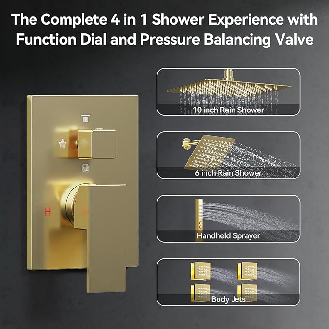 Brushed Gold Shower System with Body Jets, Bostingner 4 Way Shower Faucet Set with 2 in1 Handheld,Ceiling Mount 12 Inch Shower Head with 6 Inch Shower Head,4Pcs Body Jets With Dual Head Shower Set