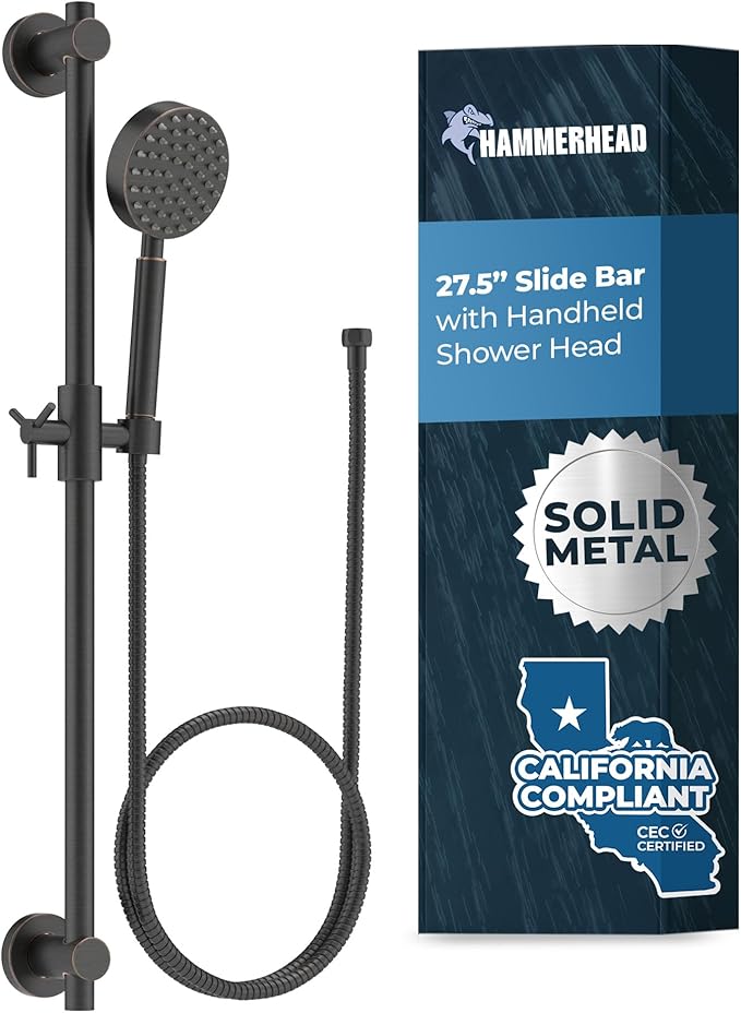 HammerHead Showers® SOLID METAL 27.5 Inch Shower Slide Bar Set and Handheld Shower Head with Hose — OIL RUBBED BRONZE — 1.75 GPM Low Flow Spray Wand — Easily Adjust Height & Angle of Handshower