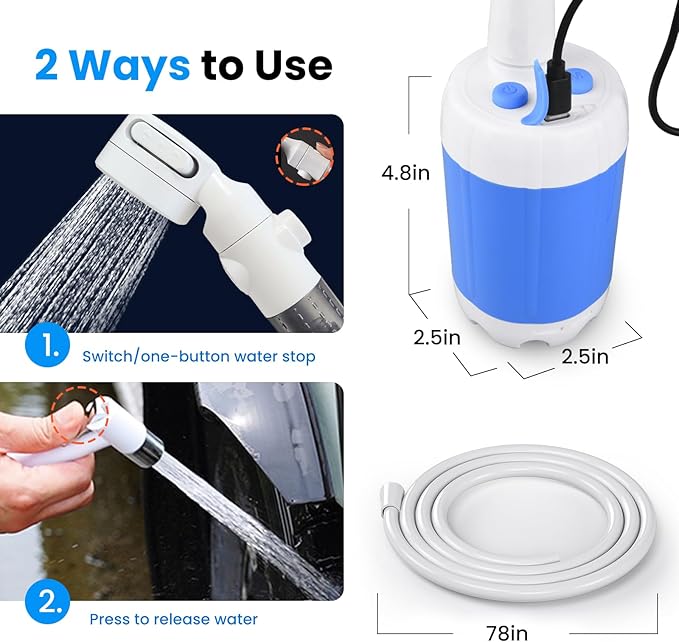 Portable Camping Shower Outdoor Camp Shower Pump,Upgrade Rechargeable Electric Shower Pump with Intelligent Digital Display Multiple Spray Modes for Camping, Hiking, Traveling,RV