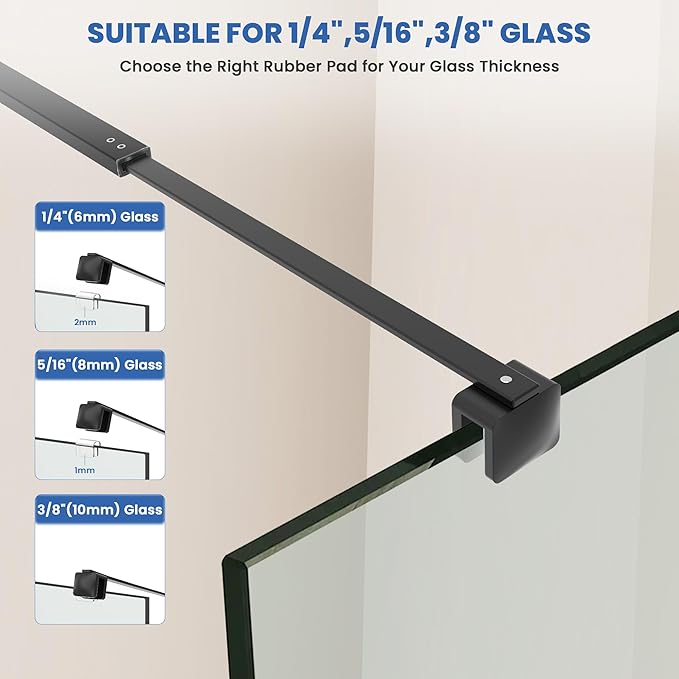 Shower Door Glass Support Bar, 26.96" to 48.54" Adjustable Stainless Steel Wall-to-Glass Shower Stabilizer Rod for 1/4", 5/16", 3/8", Matte Black