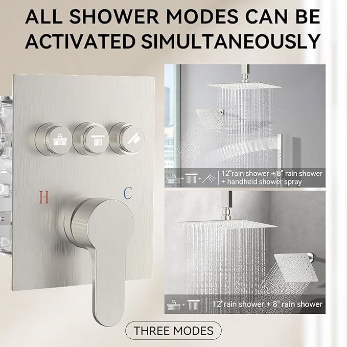 Shower Faucet Set Brushed Nickel Shower System,STARBATH 12+8" Rainfall Shower Head with Handheld 2 Spray High Pressure, Push Button Diverter Shower Valve Can Run All Together