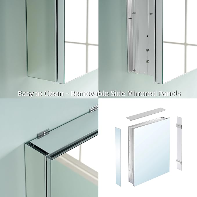 WELLFOR 20" x 36" Bathroom Medicine Cabinet, Anodized Chrome Aluminum Frame, Medicine Cabinet with Adjustable Glass Shelves, Bathroom Cabinet with Reverse Door Installation, Surface or Recess Mount