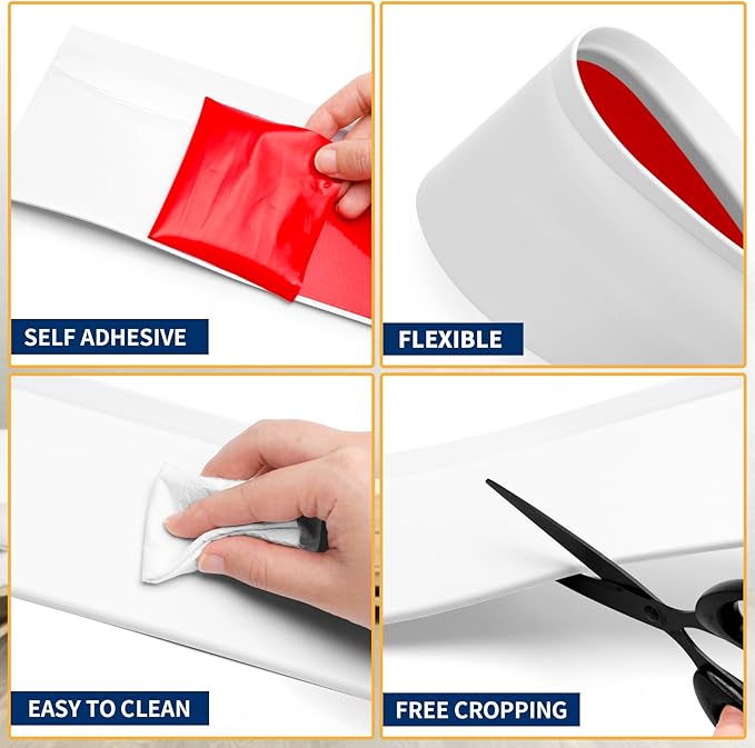 Flexible Baseboard Molding Trim 4 Inch Self-Adhesive Vinyl Wall Base Peel and Stick Cove Base Rubber Wall Baseboard Moulding Trim (200Ft, White)
