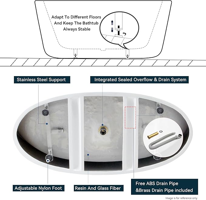 FerdY Naha Elite 59" Acrylic Freestanding Bathtub, Curve Edge Freestanding Soaking Bathtub, Glossy White, cUPC Certified, Brushed Nickel Drain & Minimalist Linear Design Overflow Included, 02588