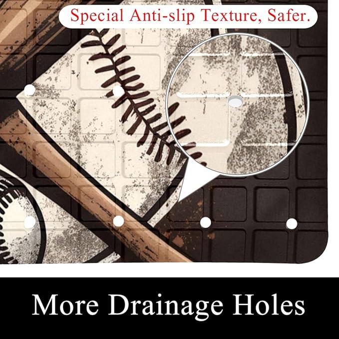 Bath Tub and Shower Mats, Non Slip Bathmat with Drain Holes and Suction Cups for Bathroom Floor, 15.1 x 26.8 Inch (Vintage Crossed Baseball Bat)