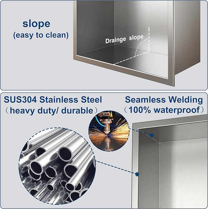 Neodrain No Tile Shower Niche, Shower Cabinet Bathroom Shelf, Inner Size 36" X 12" X 4", Brushed Stainless Steel Bathroom Recessed Wall Niche Cubby, NO Tile Needed for Storage