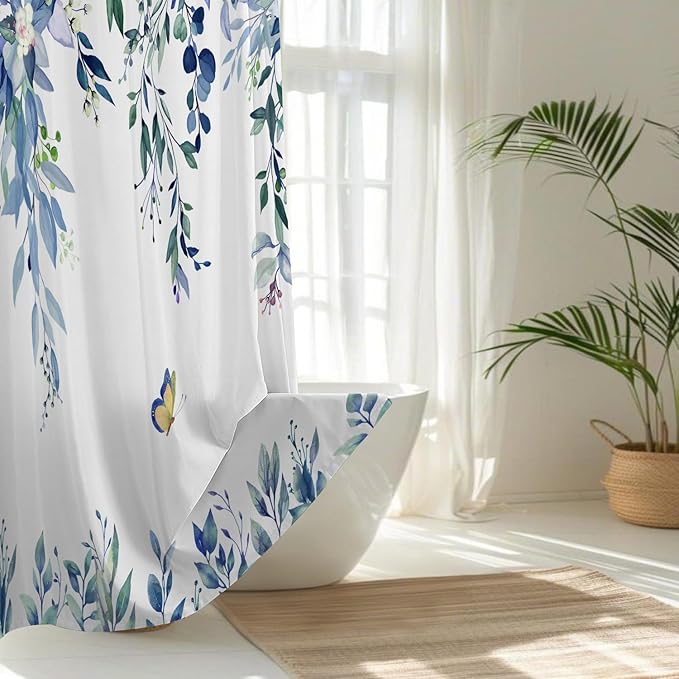 No Hook Shower Curtain and Liner Set, Blue Eucalyptus Floral Shower Curtains for Bathroom, Bath Curtain Sets with Snap in Liner, Waterproof with See Through Top Window, 71x77 Inches