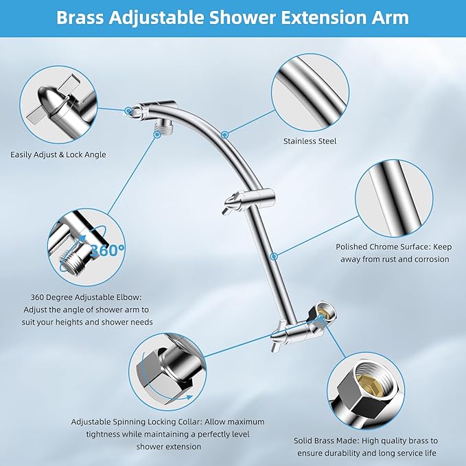 Hibbent All Metal cUPC Certified Rain Shower Head, 10'' High Pressure Rainfall Showerhead with 16" Shower Head Extension Arm, Solid Brass Adjustable Shower Arm Extender, fixed Showerheads, Chrome