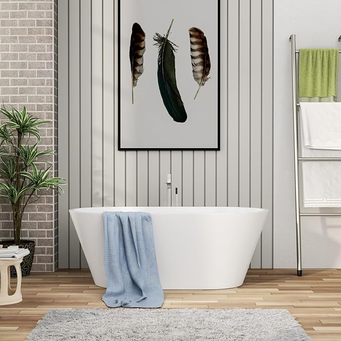 Mocoloo 59 Inch Freestanding Bathtub - Acrylic Soaking White Tub for Bathroom Stand Alone Ergonomic Modern Bathtub with Overflow and Black Offset Drain