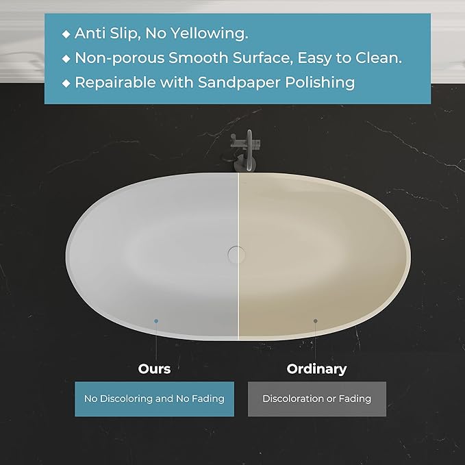 Upgraded 65" Solid Surface Freestanding Bathtub, Oval Stone Resin Tub with Overflow and Pop-up Drain, Matte White