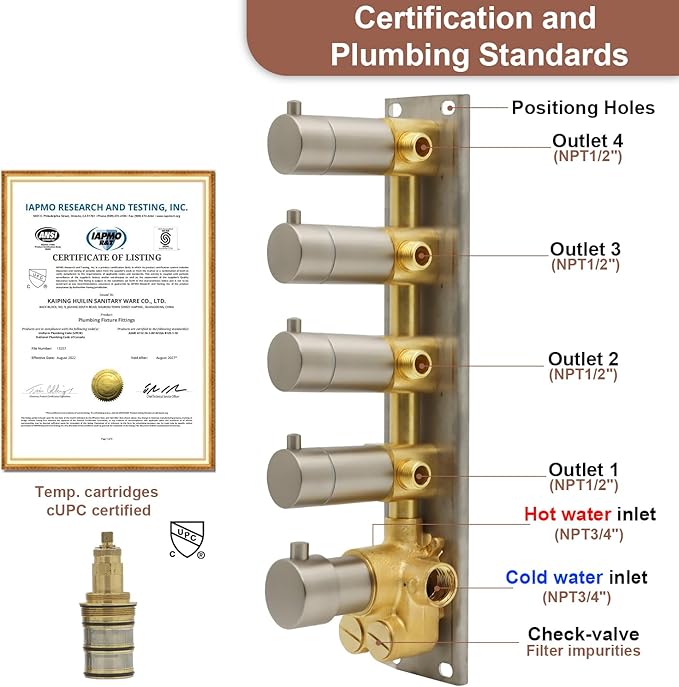HOMEDEC Modern Solid Brass Concealed 4-Function Thermostatic Shower Diverter Mixer Valve Brushed Nickel, Can Run Simultaneously, Flows Can Be Controlled