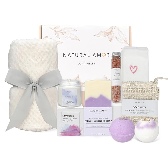Natural Amor Lavender Blanket Spa Gift for Women 8pcs, Birthday Gift for Women, Self Care Gift for Birthday, Christmas