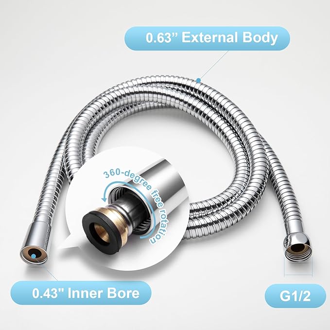 OFFO Shower Hose High Flow 0.43” Large Bore, 120 in Kink Free Stainless Steel Shower Head Hose Replacement Universal G1/2”, Leak-proof Extra Long Flex Handheld for Pet Bathing Cleaning, Chrome