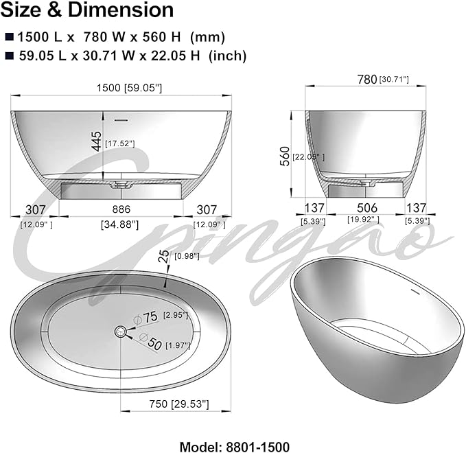 Cpingao 59" Freestanding Bathtub, Oval Shaped Stone Resin Freestanding Tubs, Solid Surface Matte White Soaking Tub with Overflow and Pop-up Drain 8801-1500